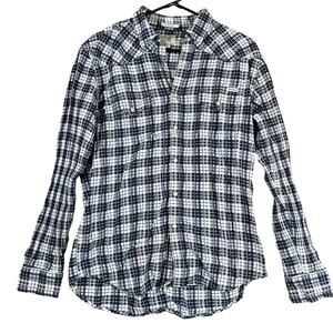 Lucky Brand Womens Shirt Blue White Plaid Classic Fit Pearl Snap Long Sleeve M
